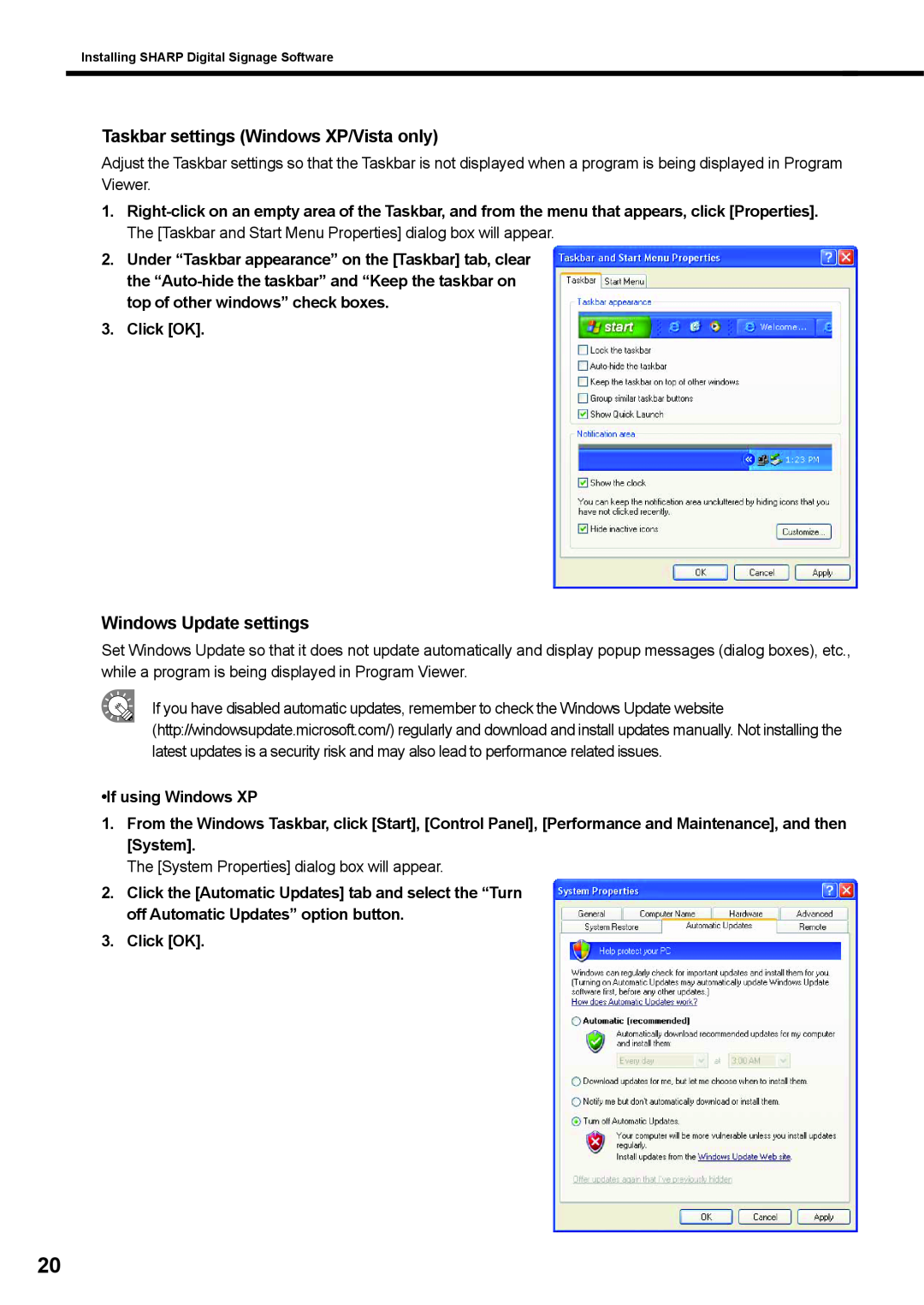 Sharp PNSV01 Taskbar settings Windows XP/Vista only, Windows Update settings, Click OK, If using Windows XP 
