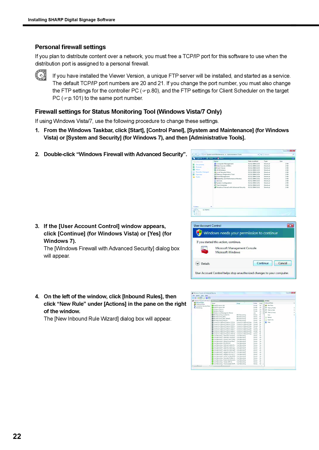 Sharp PNSV01 operation manual Personal firewall settings, Firewall settings for Status Monitoring Tool Windows Vista/7 Only 