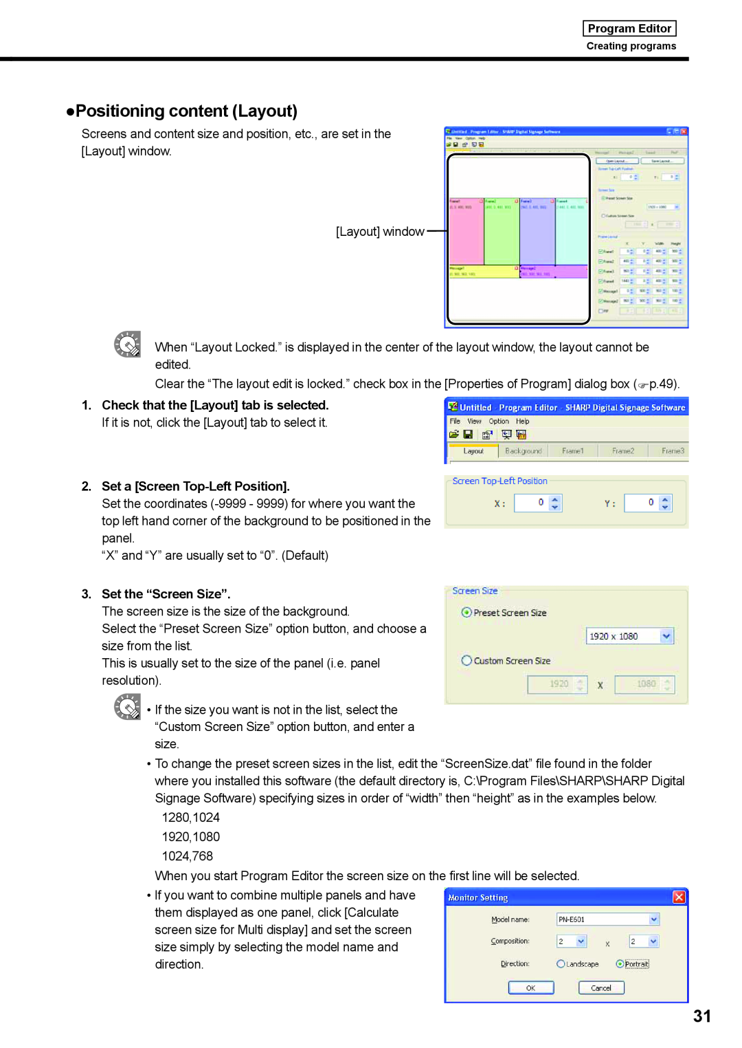 Sharp PNSV01 operation manual Positioning content Layout, Set a Screen Top-Left Position, Set the “Screen Size” 