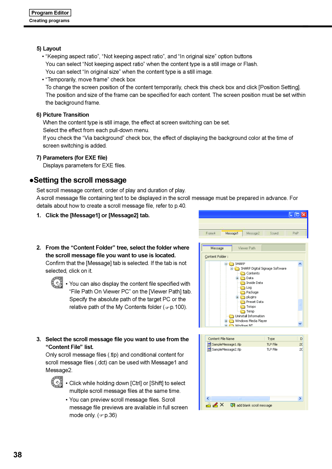Sharp PNSV01 operation manual Setting the scroll message, Layout, Picture Transition, Click the Message1 or Message2 tab 