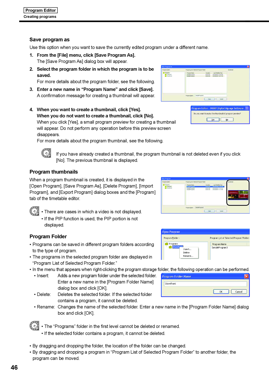 Sharp PNSV01 operation manual Save program as, Program thumbnails, Program Folder 