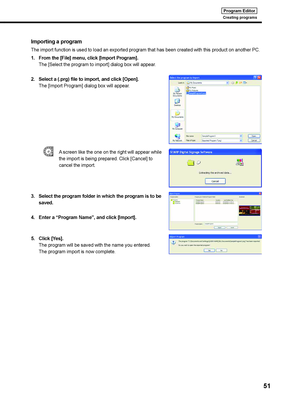 Sharp PNSV01 operation manual Importing a program, From the File menu, click Import Program 