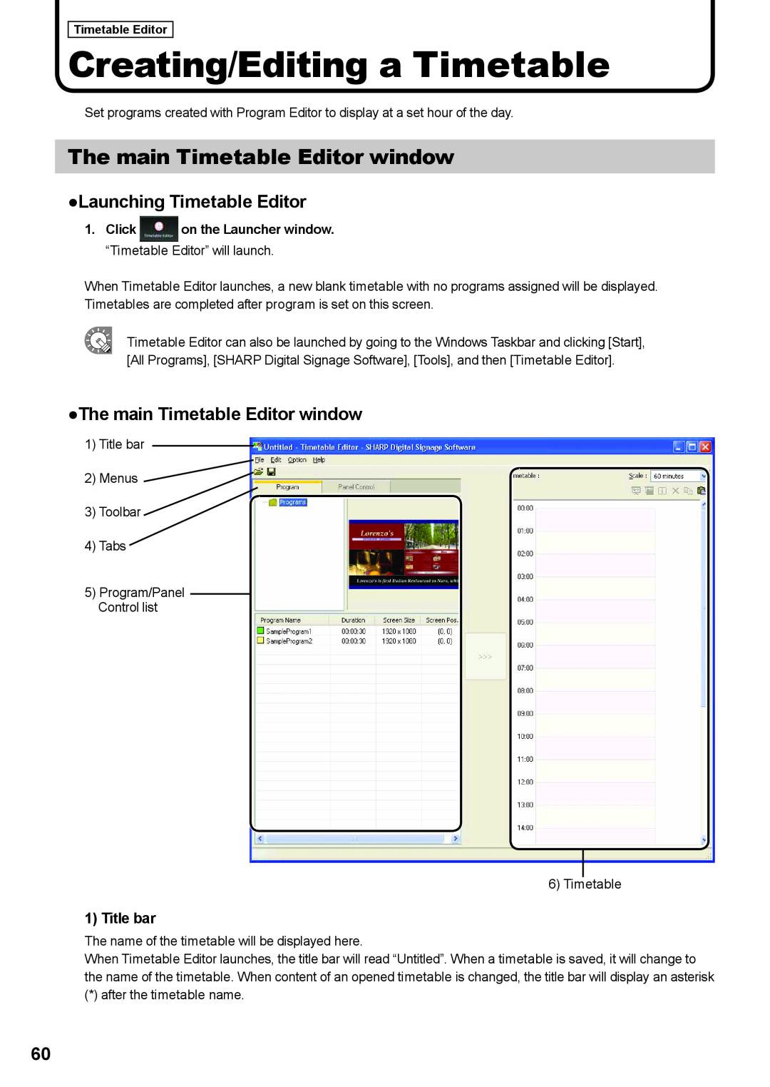Sharp PNSV01 Creating/Editing a Timetable, The main Timetable Editor window, Launching Timetable Editor, Title bar 
