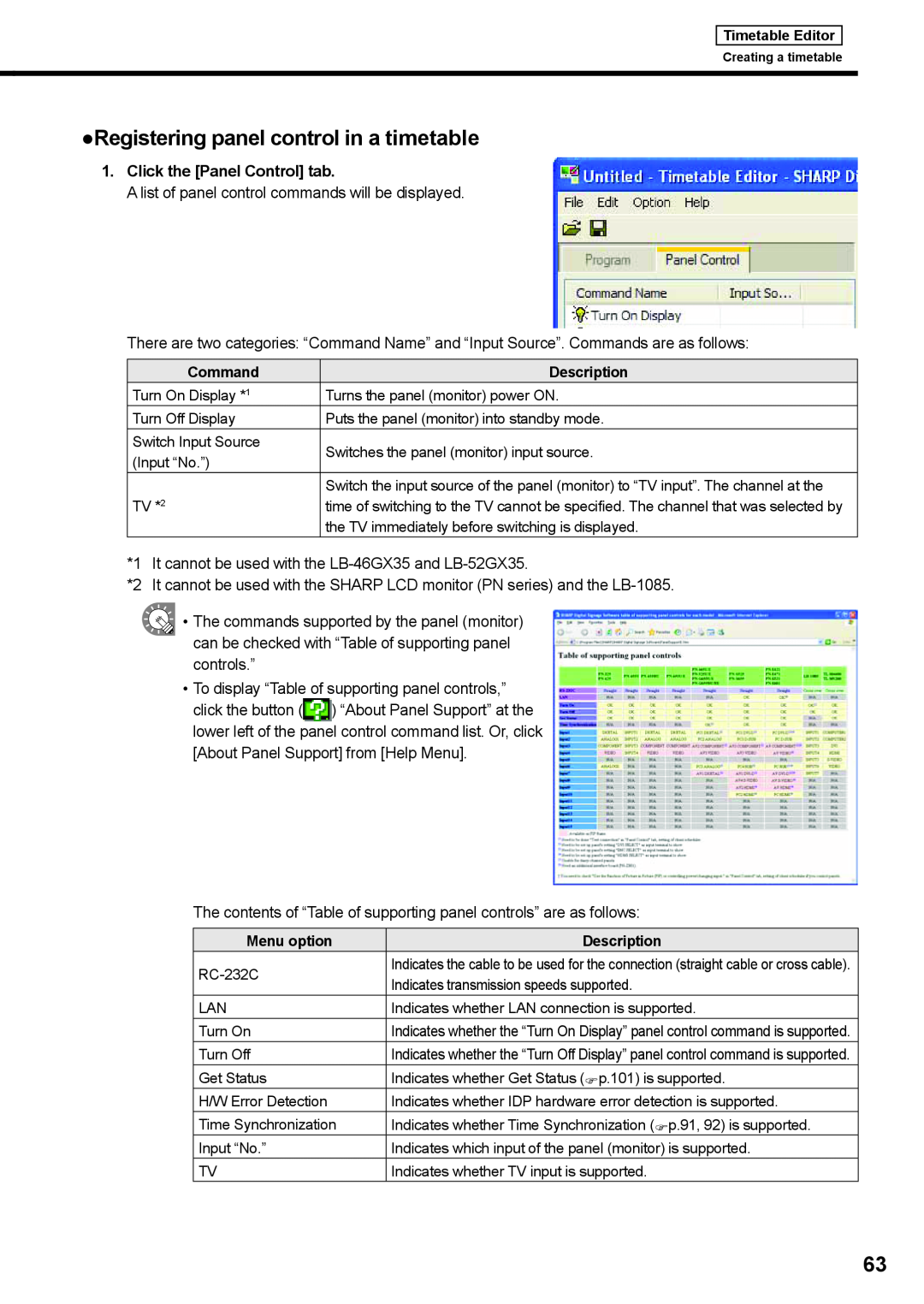 Sharp PNSV01 Registering panel control in a timetable, Click the Panel Control tab, Timetable Editor, Command, Description 