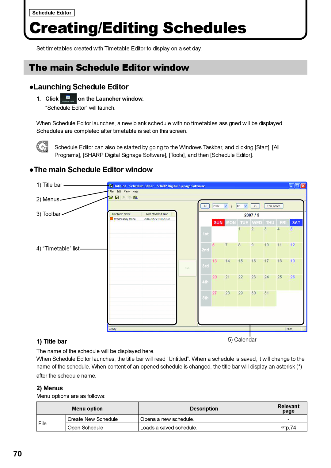 Sharp PNSV01 Creating/Editing Schedules, The main Schedule Editor window, Launching Schedule Editor, Title bar, Menus 