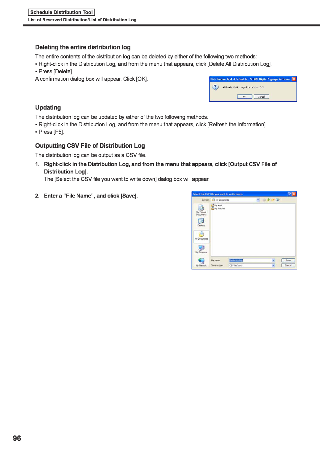 Sharp PNSV01 operation manual Deleting the entire distribution log, Outputting CSV File of Distribution Log, Updating 