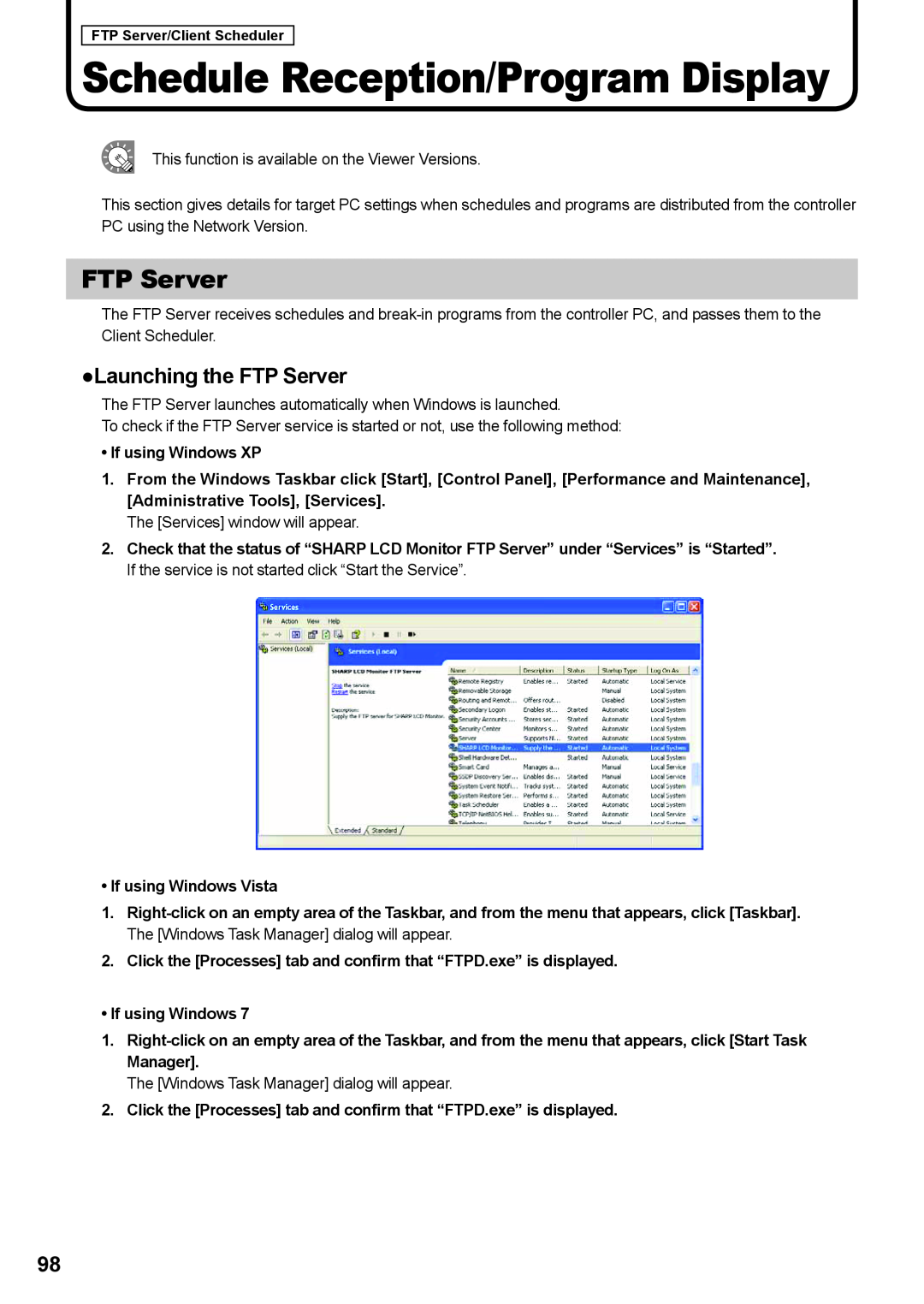 Sharp PNSV01 Launching the FTP Server, Click the Processes tab and confirm that “FTPD.exe” is displayed 