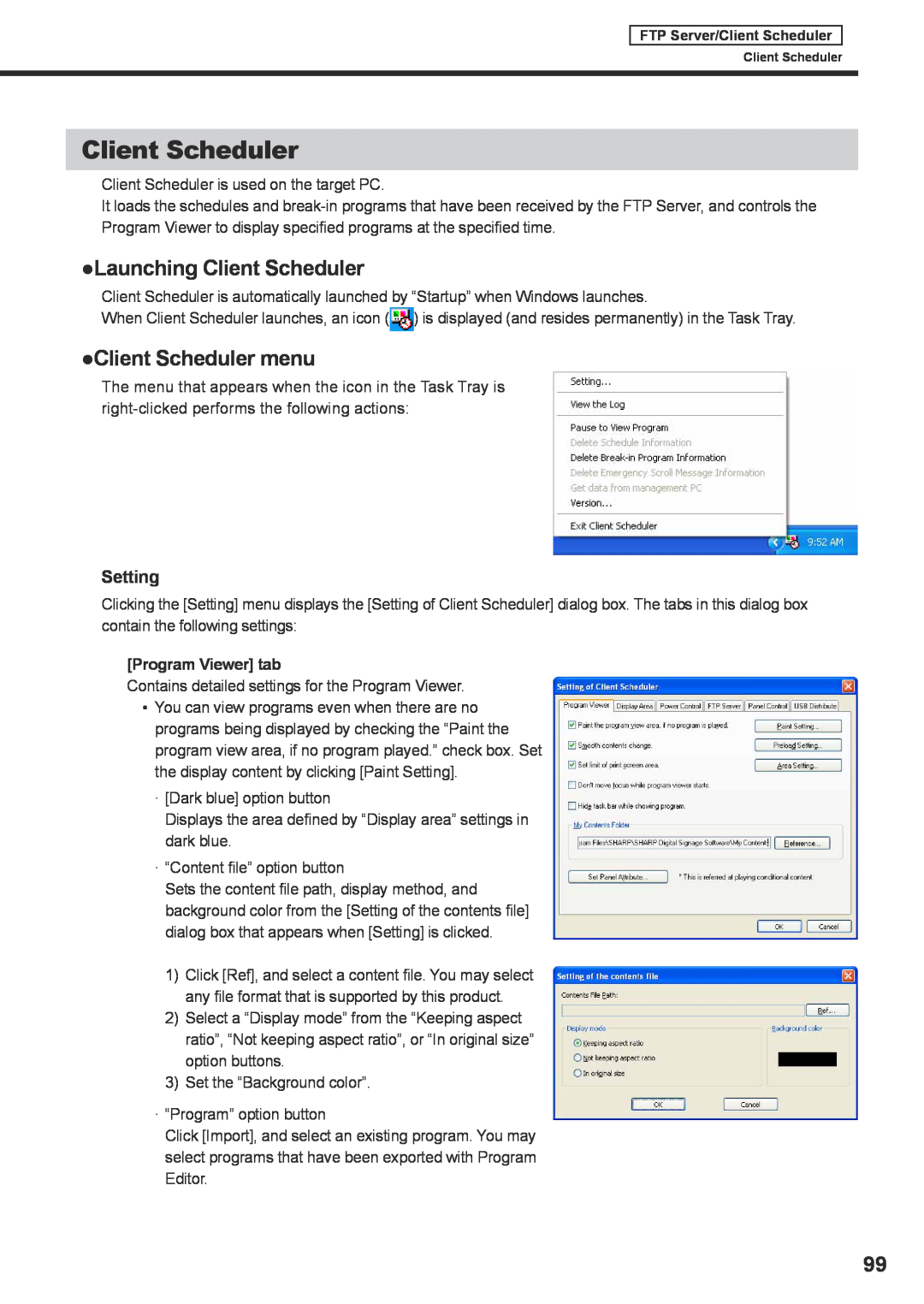 Sharp PNSV01 operation manual Launching Client Scheduler, Client Scheduler menu, Setting, Program Viewer tab 
