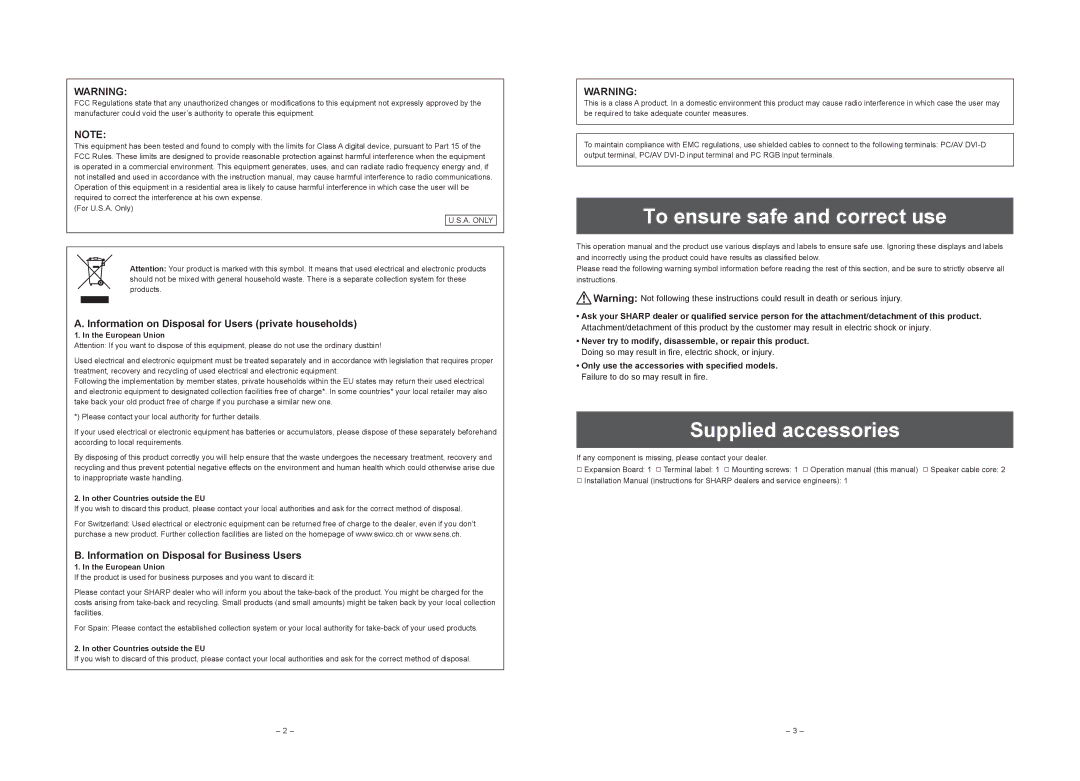 Sharp PNZB01 To ensure safe and correct use, Supplied accessories, Information on Disposal for Users private households 