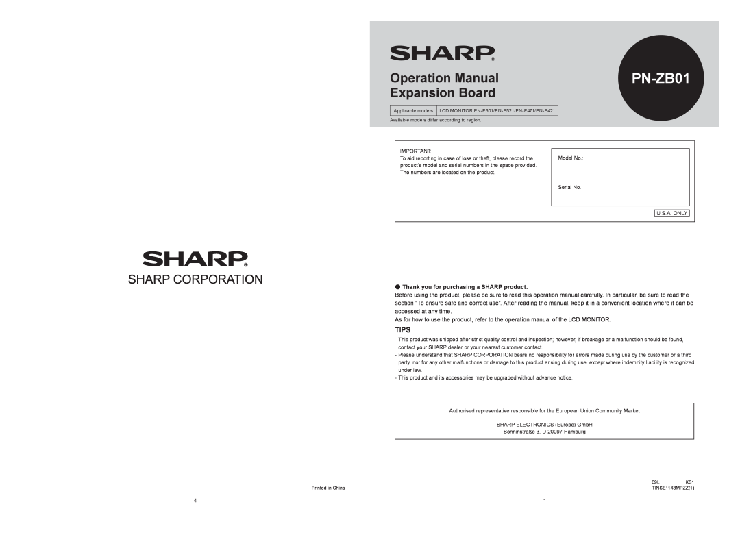 Sharp PNZB01 operation manual PN-ZB01, Tips, Thank you for purchasing a SHARP product, Expansion Board 