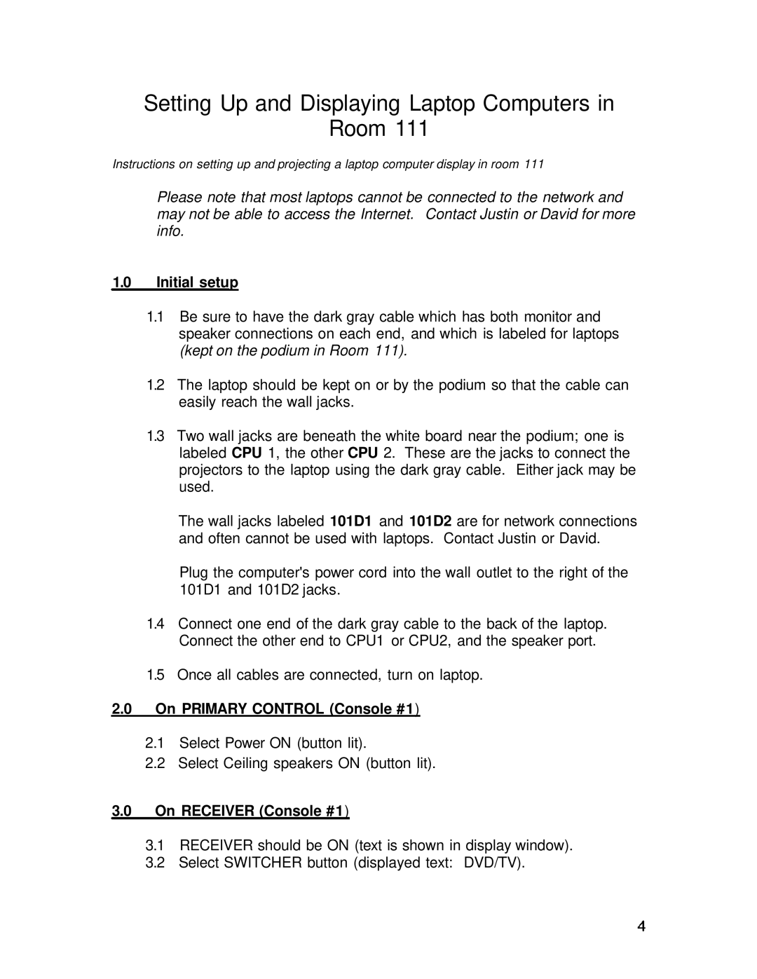 Sharp Projector Remote Control setup guide Setting Up and Displaying Laptop Computers Room, Initial setup 