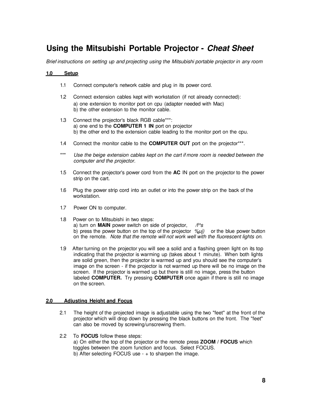 Sharp Projector Remote Control setup guide Using the Mitsubishi Portable Projector Cheat Sheet 