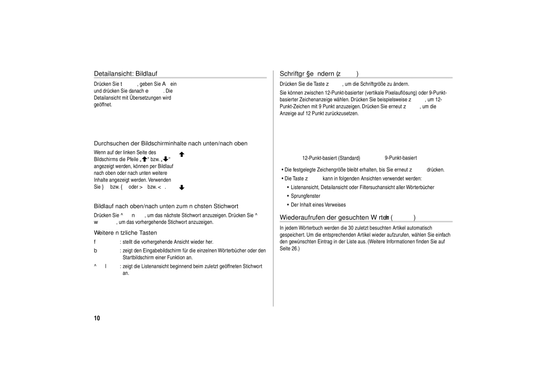 Sharp PW-E310 operation manual Detailansicht Bildlauf, Schriftgröße ändern z, Wiederaufrufen der gesuchten Wörter h 