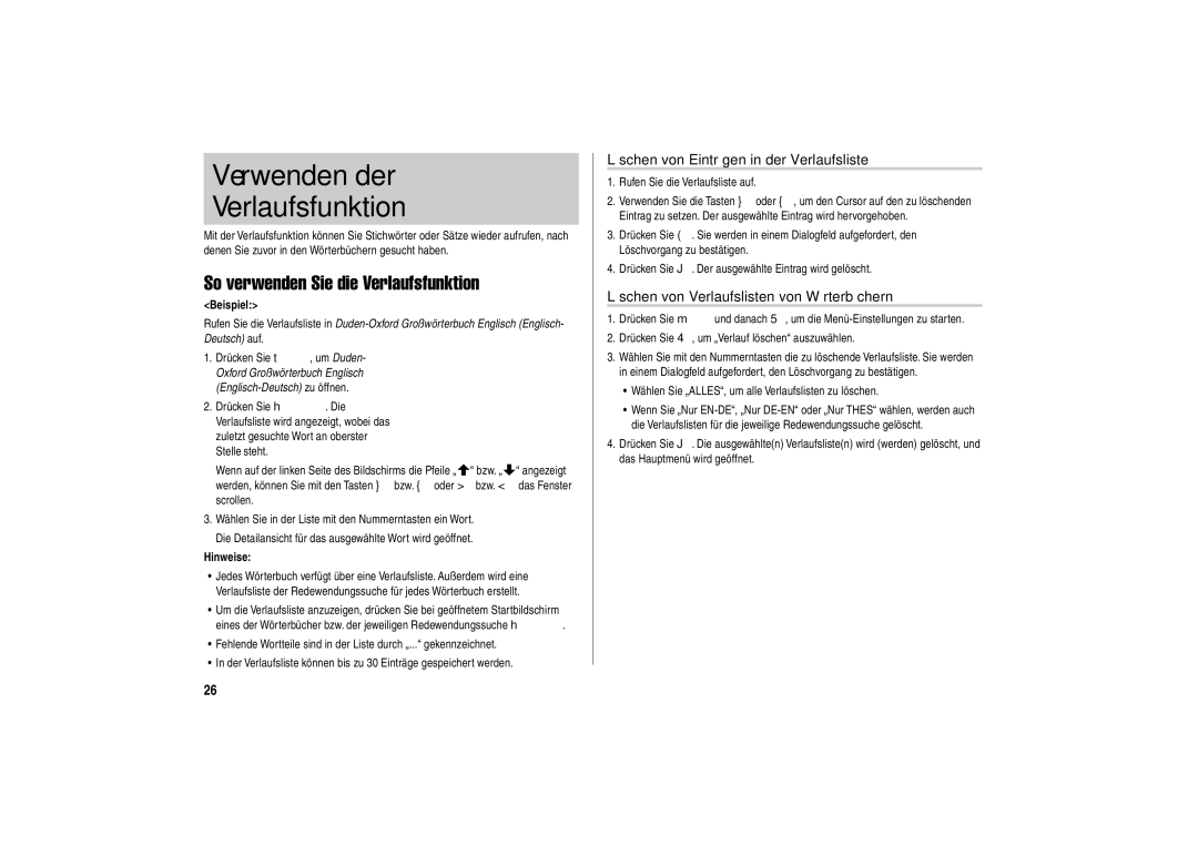 Sharp PW-E310 operation manual Verwenden der Verlaufsfunktion, So verwenden Sie die Verlaufsfunktion 