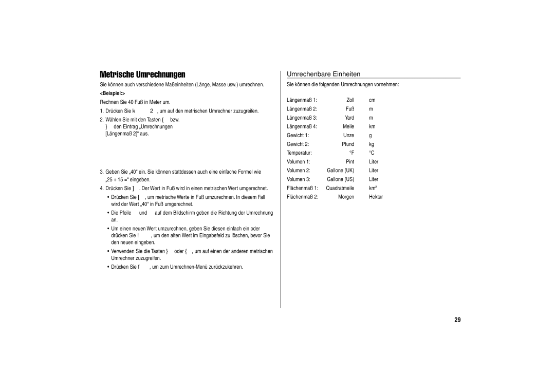 Sharp PW-E310 operation manual Metrische Umrechnungen, Umrechenbare Einheiten 