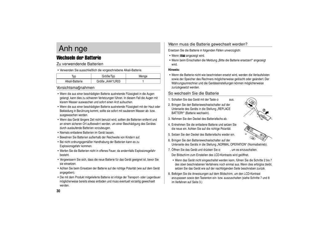 Sharp PW-E310 operation manual Anhänge, Wechseln der Batterie 