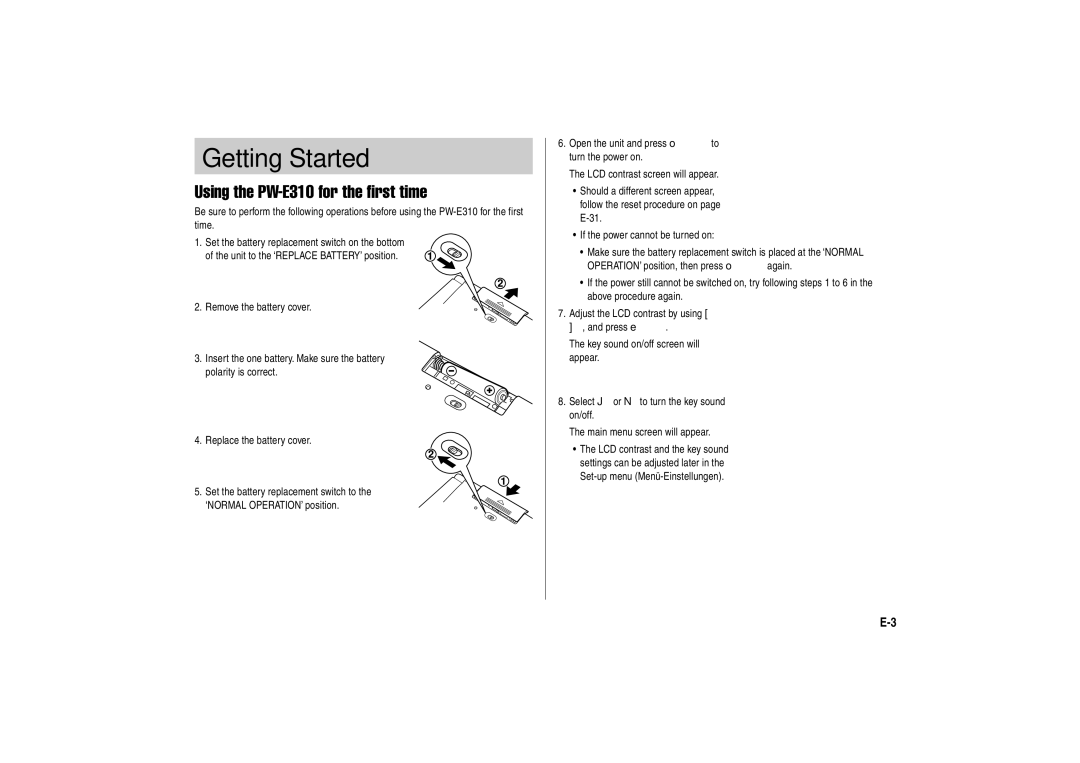 Sharp operation manual Getting Started, Using the PW-E310 for the first time 