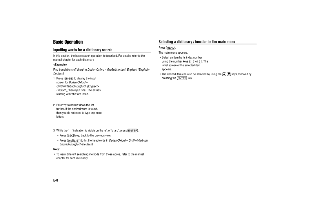 Sharp PW-E310 Basic Operation, Inputting words for a dictionary search, Selecting a dictionary / function in the main menu 