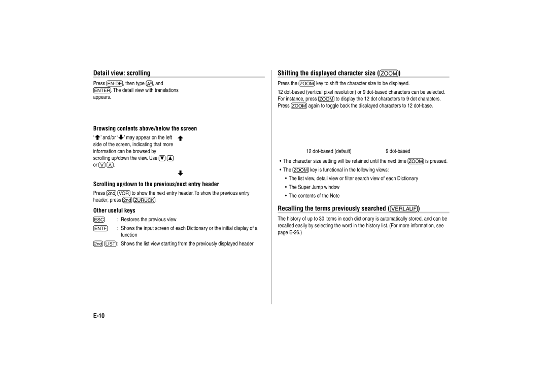 Sharp PW-E310 Detail view scrolling, Shifting the displayed character size z, Recalling the terms previously searched h 