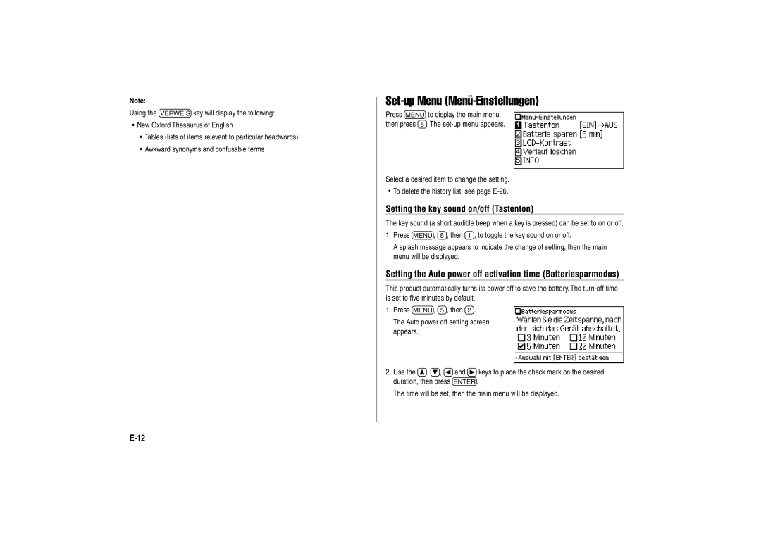 Sharp PW-E310 operation manual Set-up Menu Menü-Einstellungen, Setting the key sound on/off Tastenton 