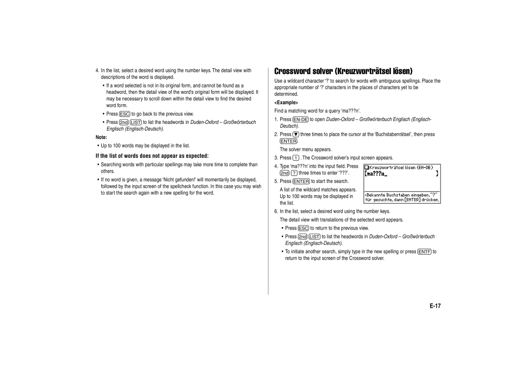 Sharp PW-E310 operation manual Crossword solver Kreuzworträtsel lösen, If the list of words does not appear as expected 