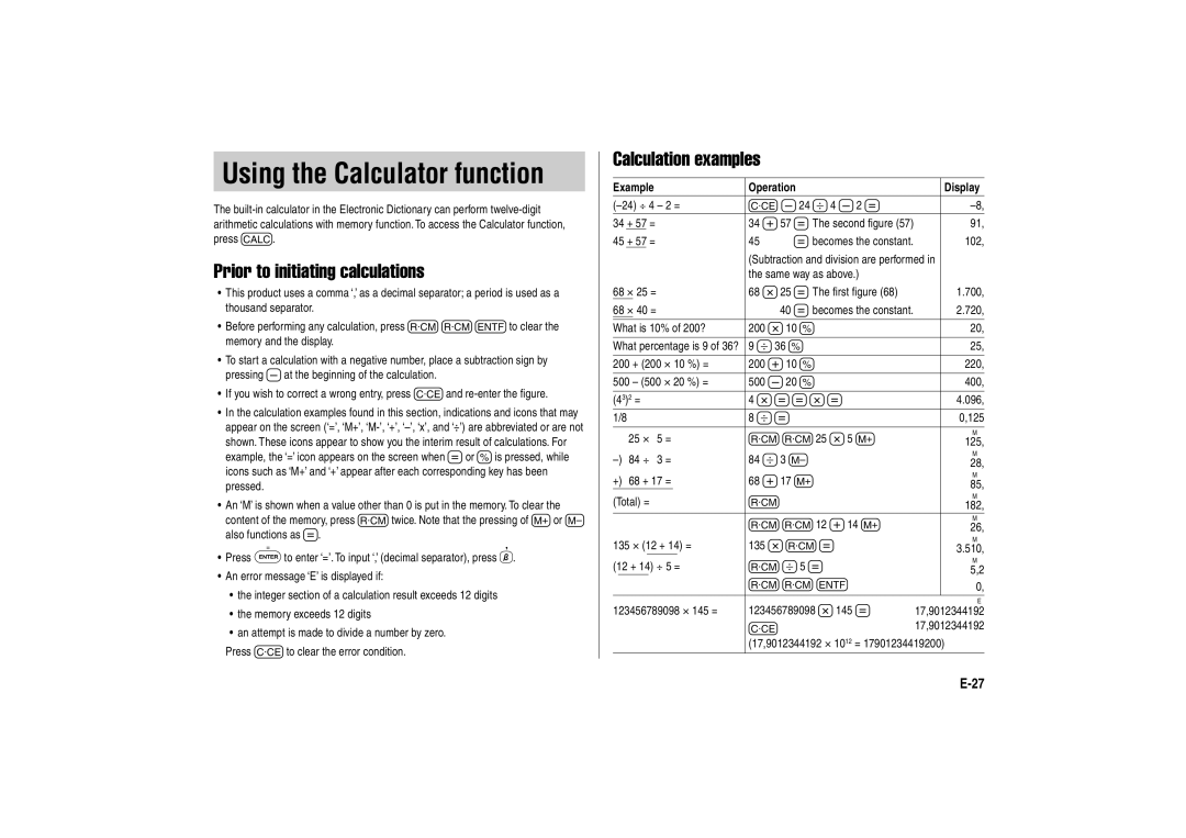 Sharp PW-E310 operation manual Prior to initiating calculations, Calculation examples, Example Operation Display 