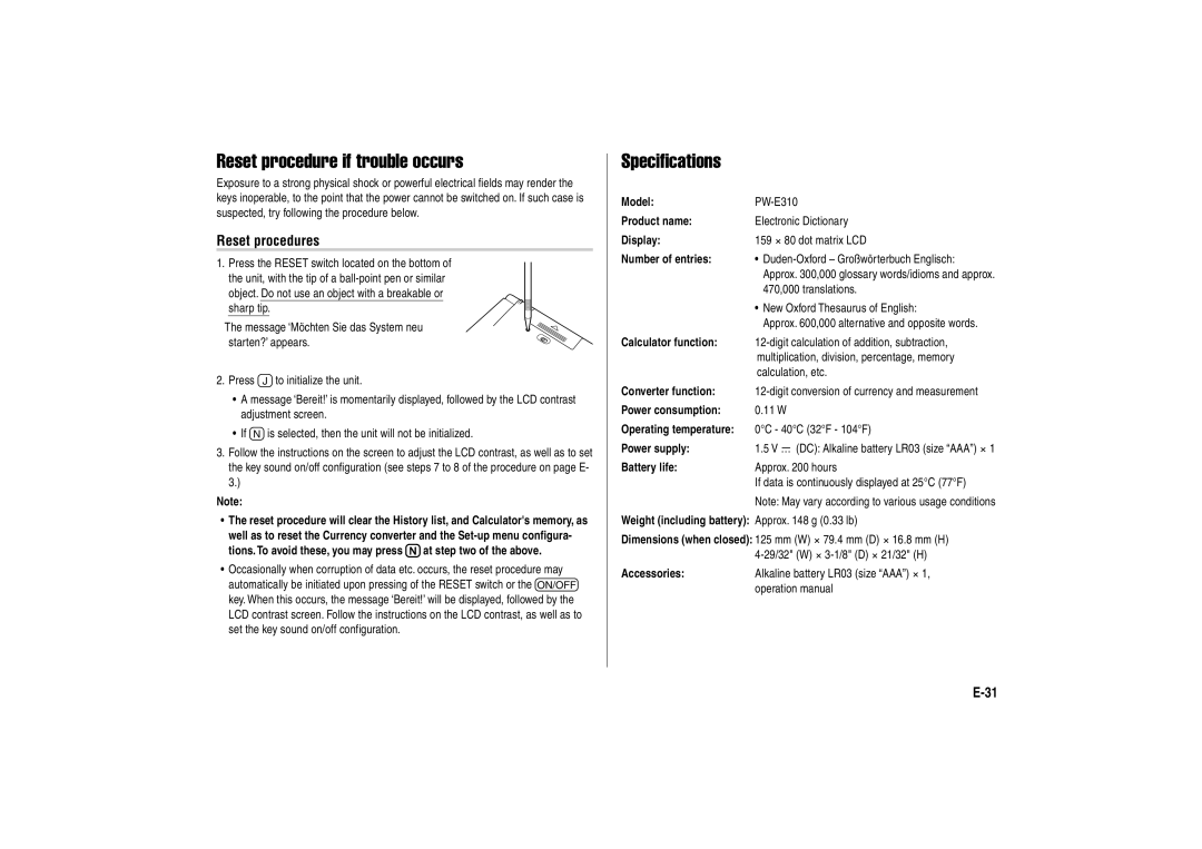 Sharp PW-E310 operation manual Reset procedure if trouble occurs, Specifications, Reset procedures 