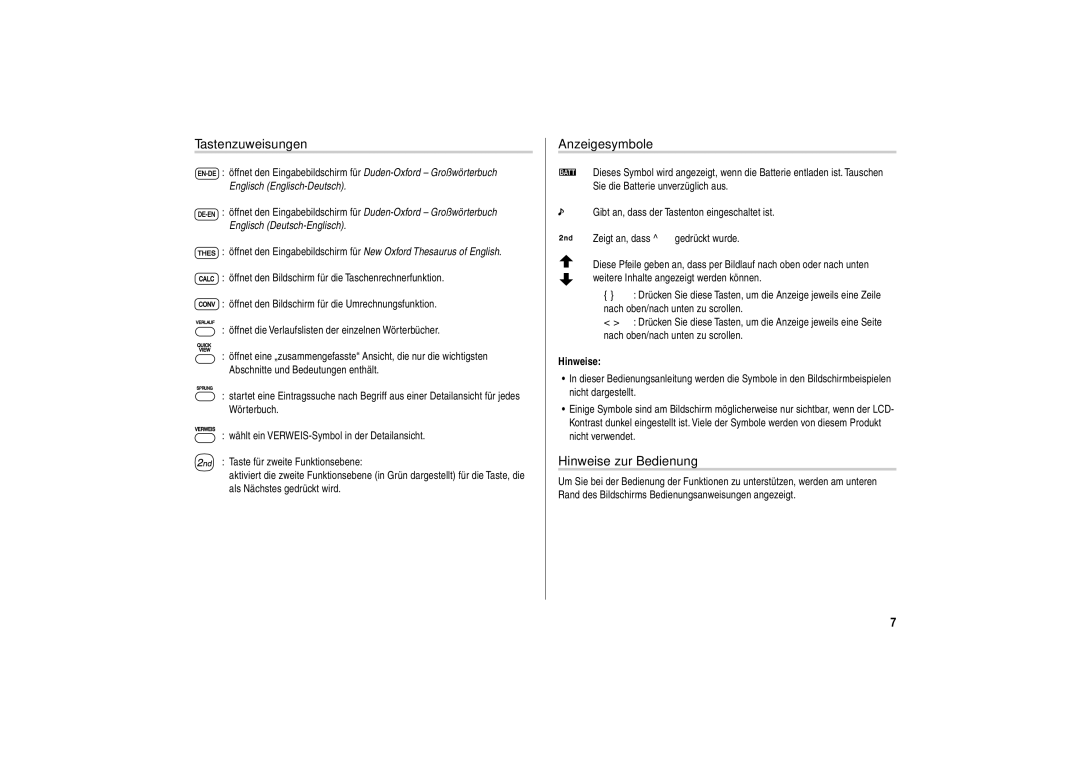 Sharp PW-E310 operation manual Tastenzuweisungen, Anzeigesymbole, Hinweise zur Bedienung 