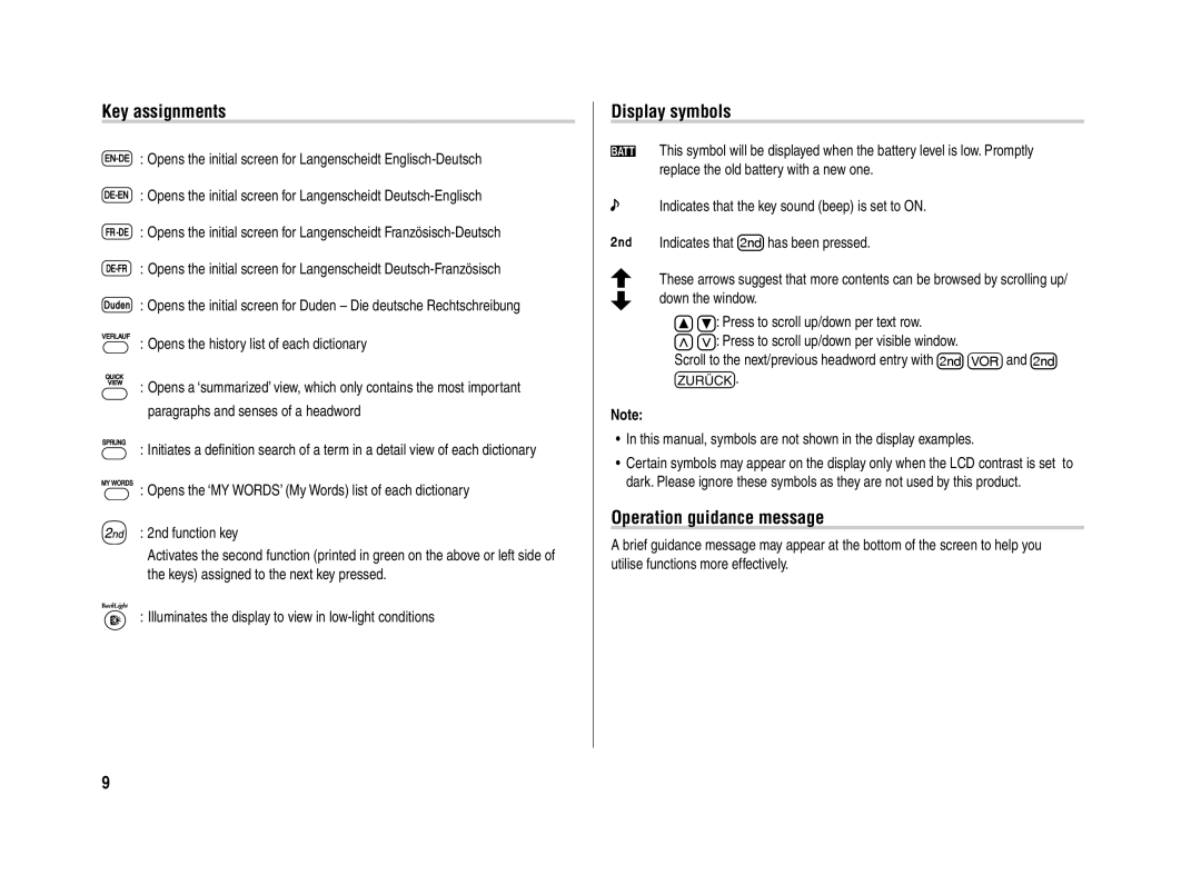 Sharp PW-E420 operation manual Key assignments, Display symbols, Operation guidance message 