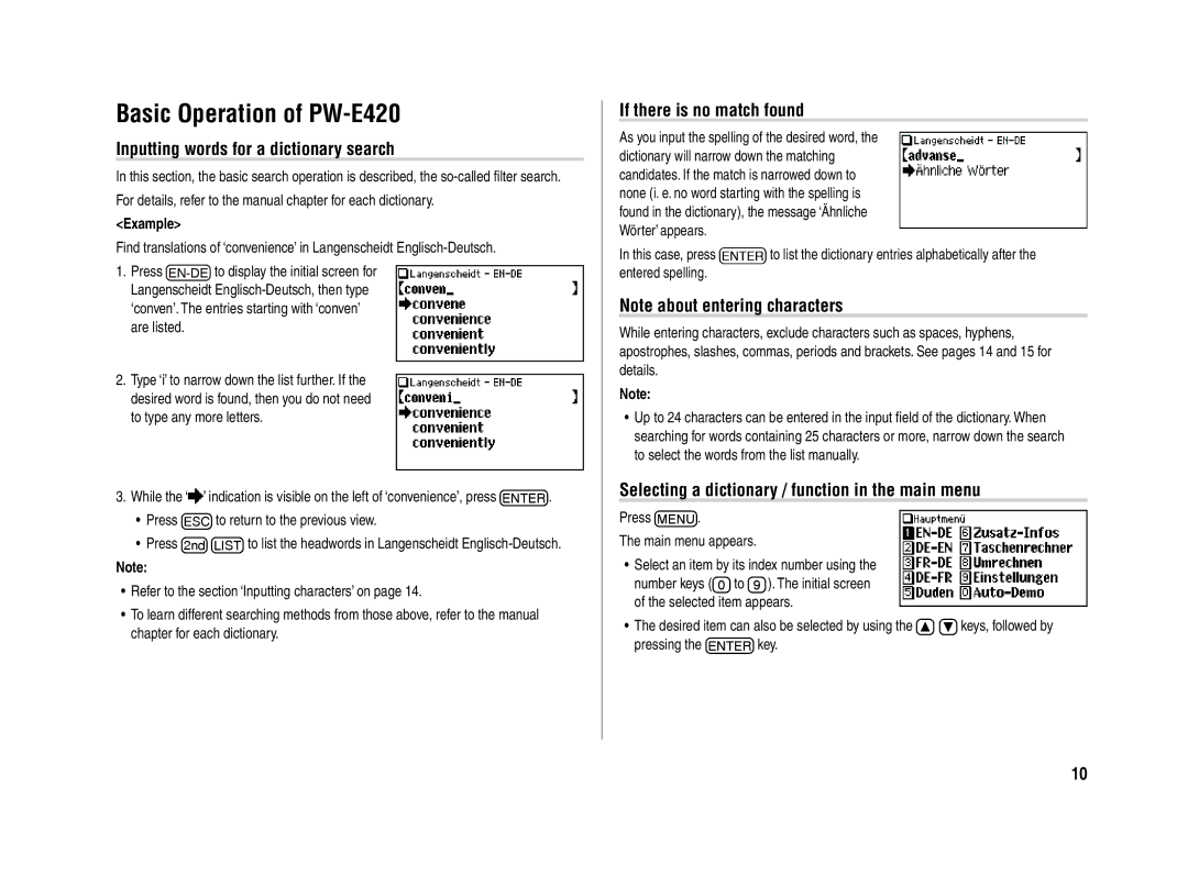 Sharp operation manual Basic Operation of PW-E420, Inputting words for a dictionary search, If there is no match found 