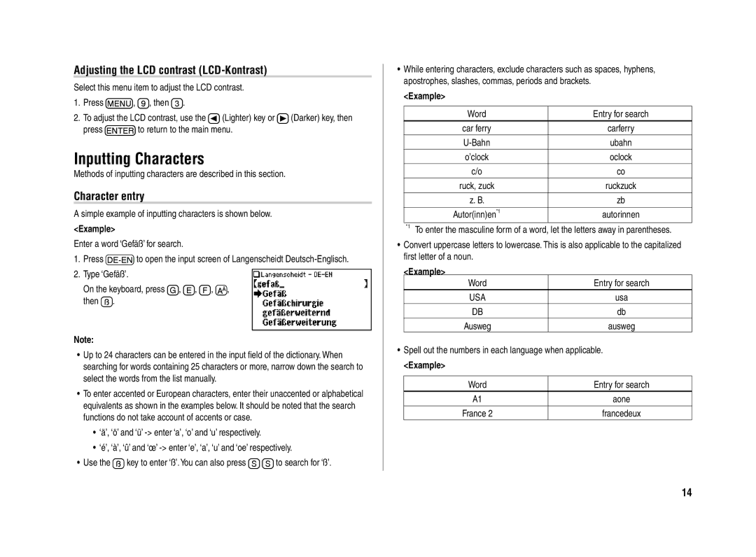 Sharp PW-E420 operation manual Inputting Characters, Adjusting the LCD contrast LCD-Kontrast, Character entry 