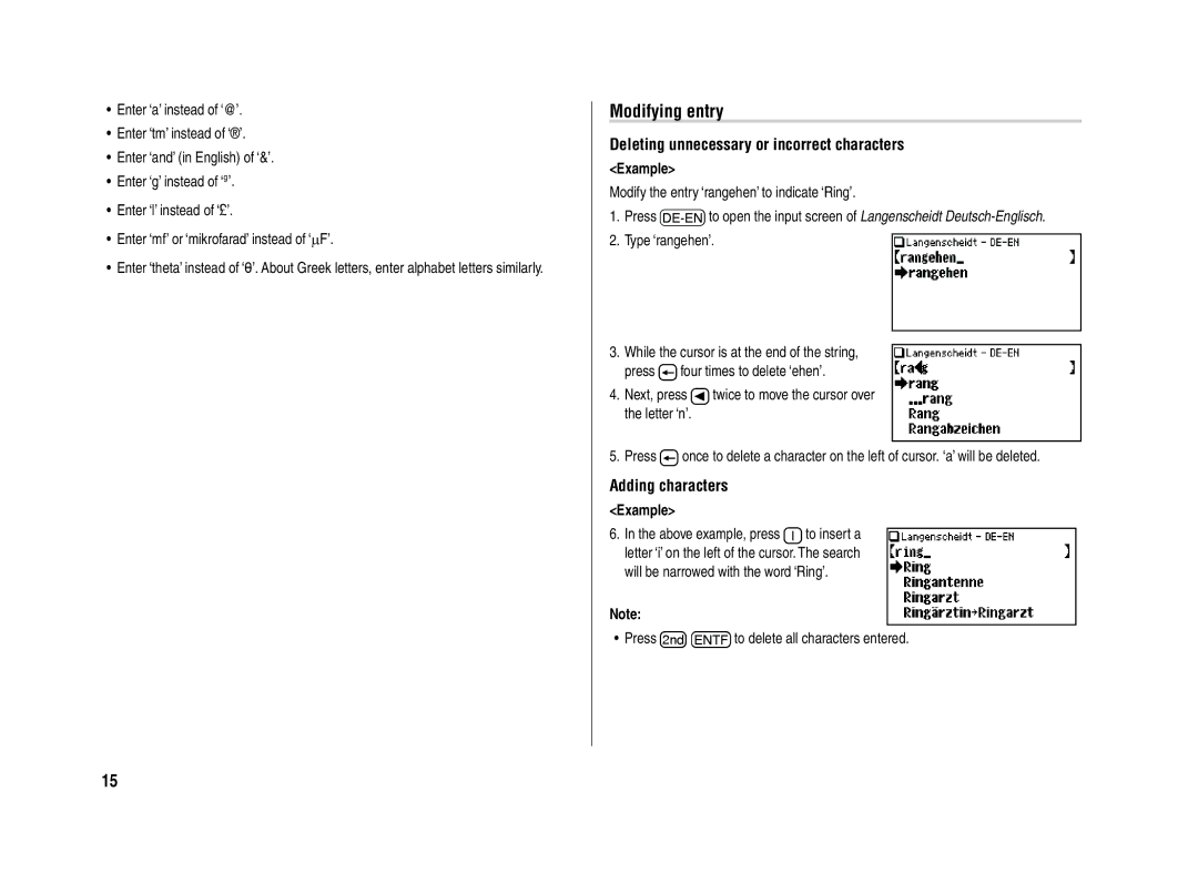 Sharp PW-E420 operation manual Modifying entry, Deleting unnecessary or incorrect characters, Adding characters 