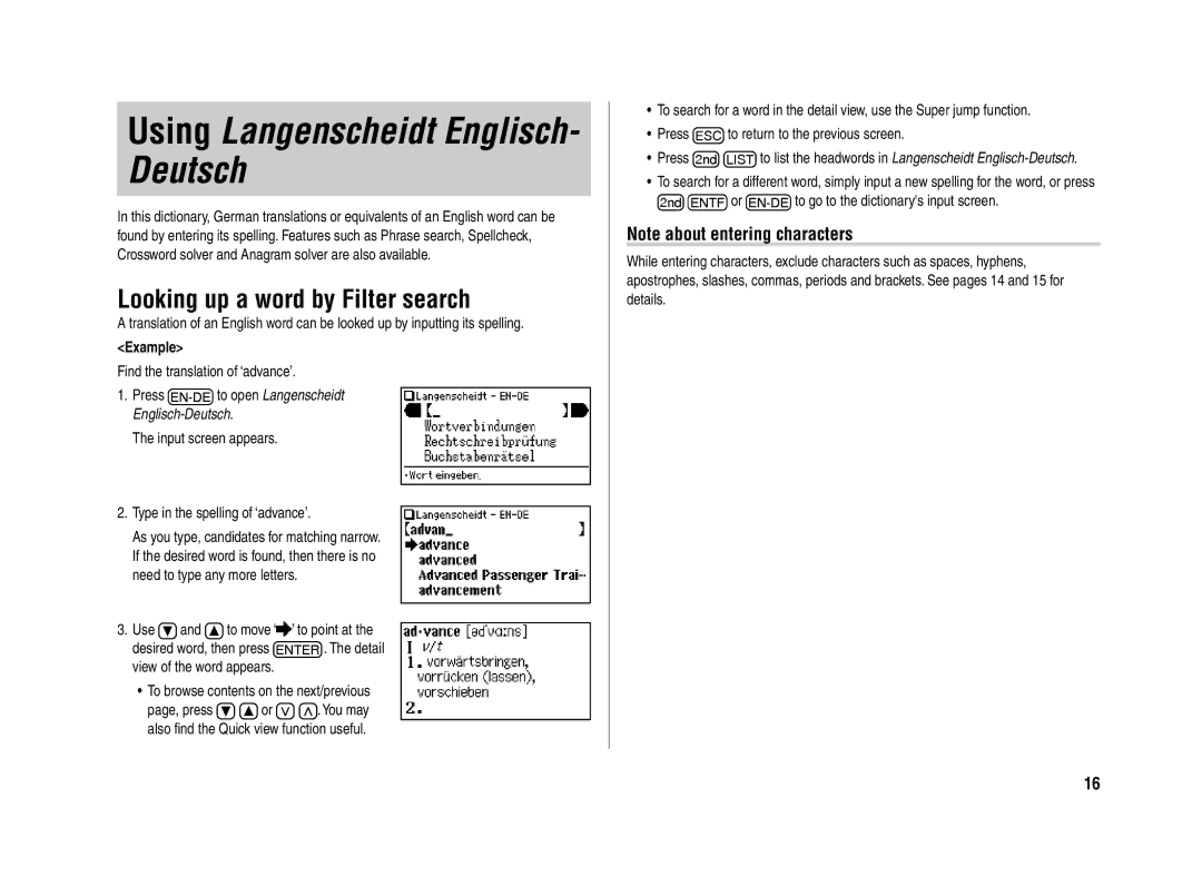 Sharp PW-E420 operation manual Using Langenscheidt Englisch- Deutsch, Looking up a word by Filter search 