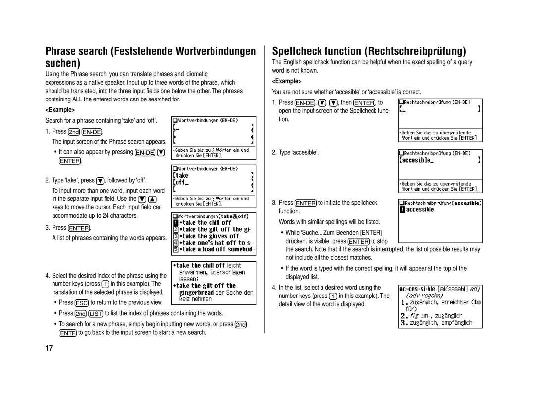 Sharp PW-E420 Phrase search Feststehende Wortverbindungen suchen, Press E List of phrases containing the words appears 