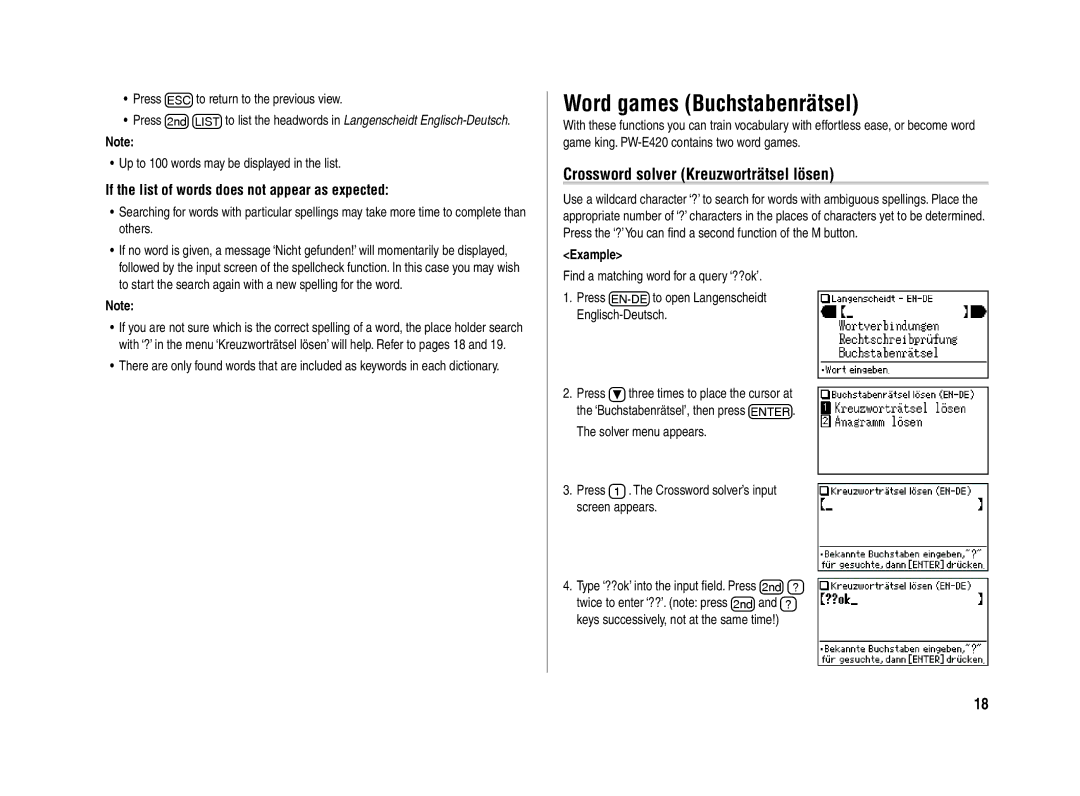 Sharp PW-E420 operation manual Word games Buchstabenrätsel, Crossword solver Kreuzworträtsel lösen 