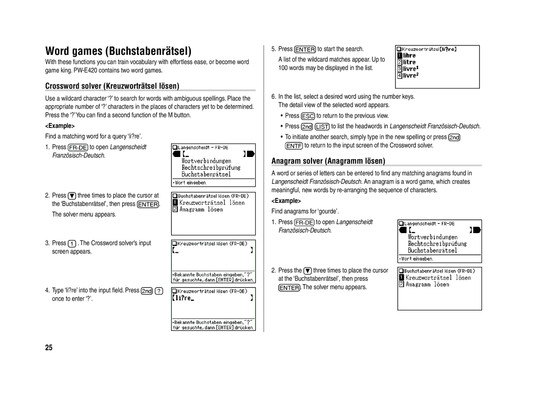 Sharp PW-E420 operation manual Word games Buchstabenrätsel, Solver menu appears 