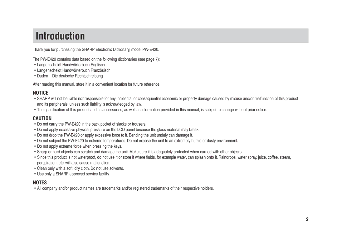 Sharp PW-E420 operation manual Introduction 