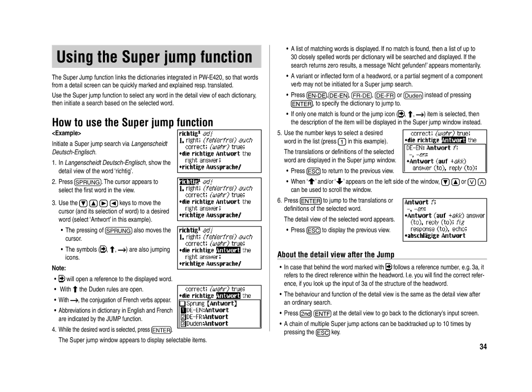 Sharp PW-E420 operation manual How to use the Super jump function, About the detail view after the Jump 