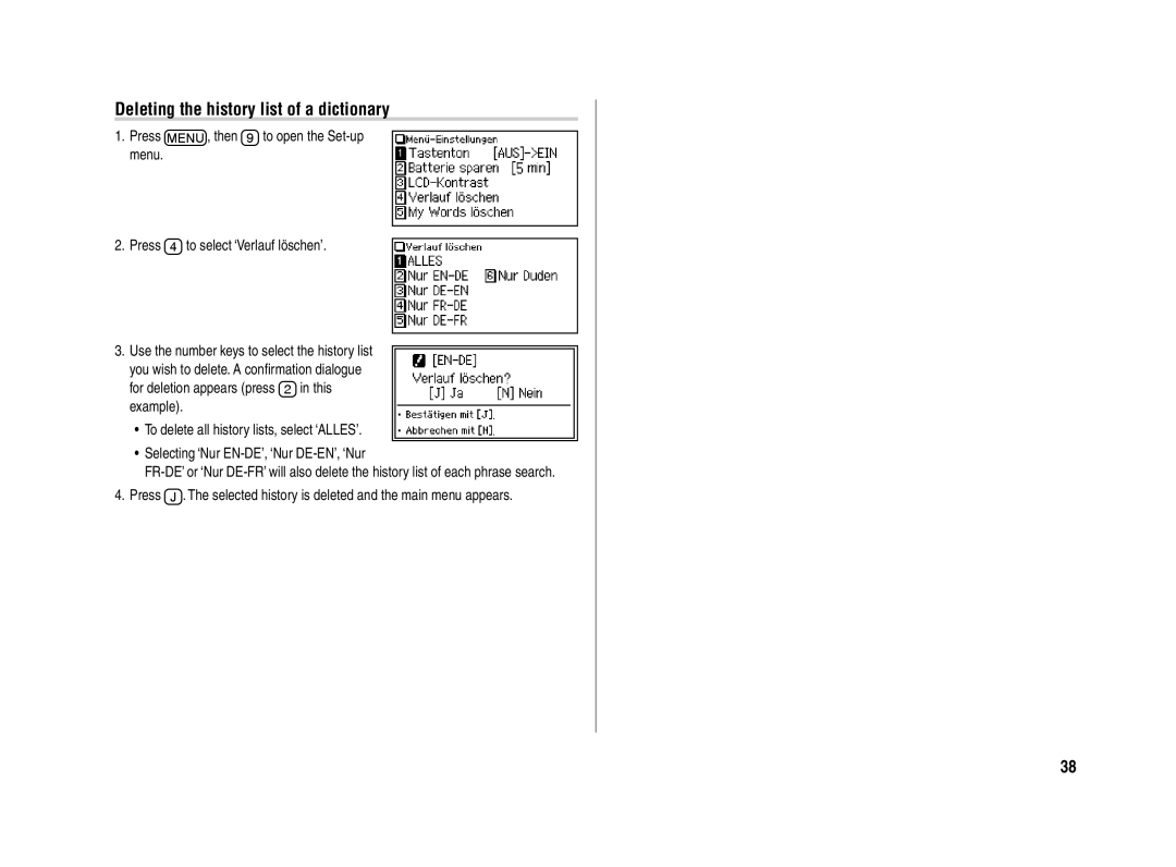 Sharp PW-E420 operation manual Deleting the history list of a dictionary 