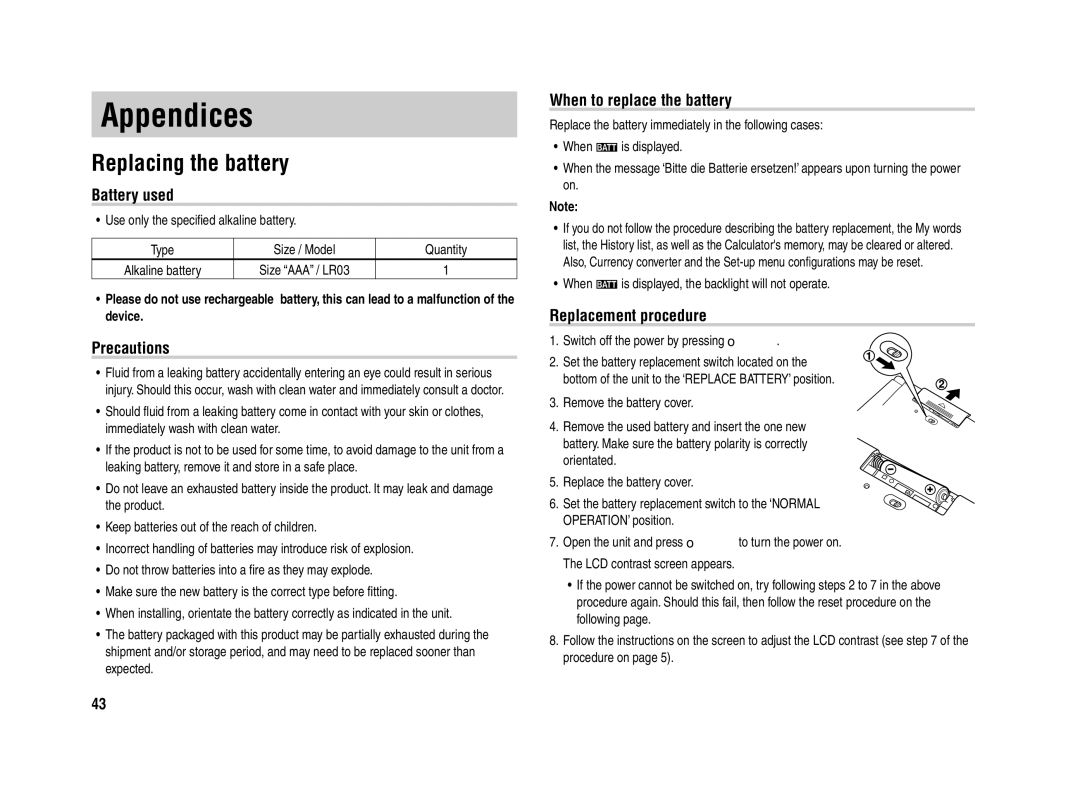 Sharp PW-E420 Replacing the battery, Battery used, Precautions, When to replace the battery, Replacement procedure 