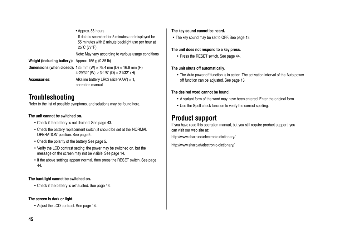 Sharp PW-E420 operation manual Troubleshooting, Product support 