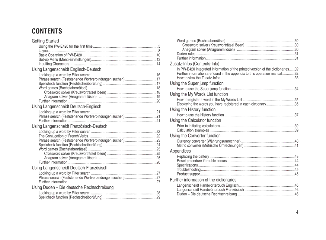 Sharp PW-E420 operation manual Contents 