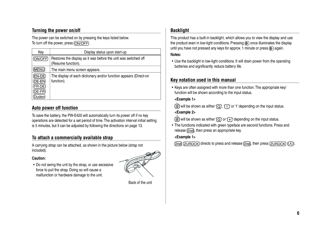 Sharp PW-E420 Turning the power on/off, Auto power off function, To attach a commercially available strap, Backlight 