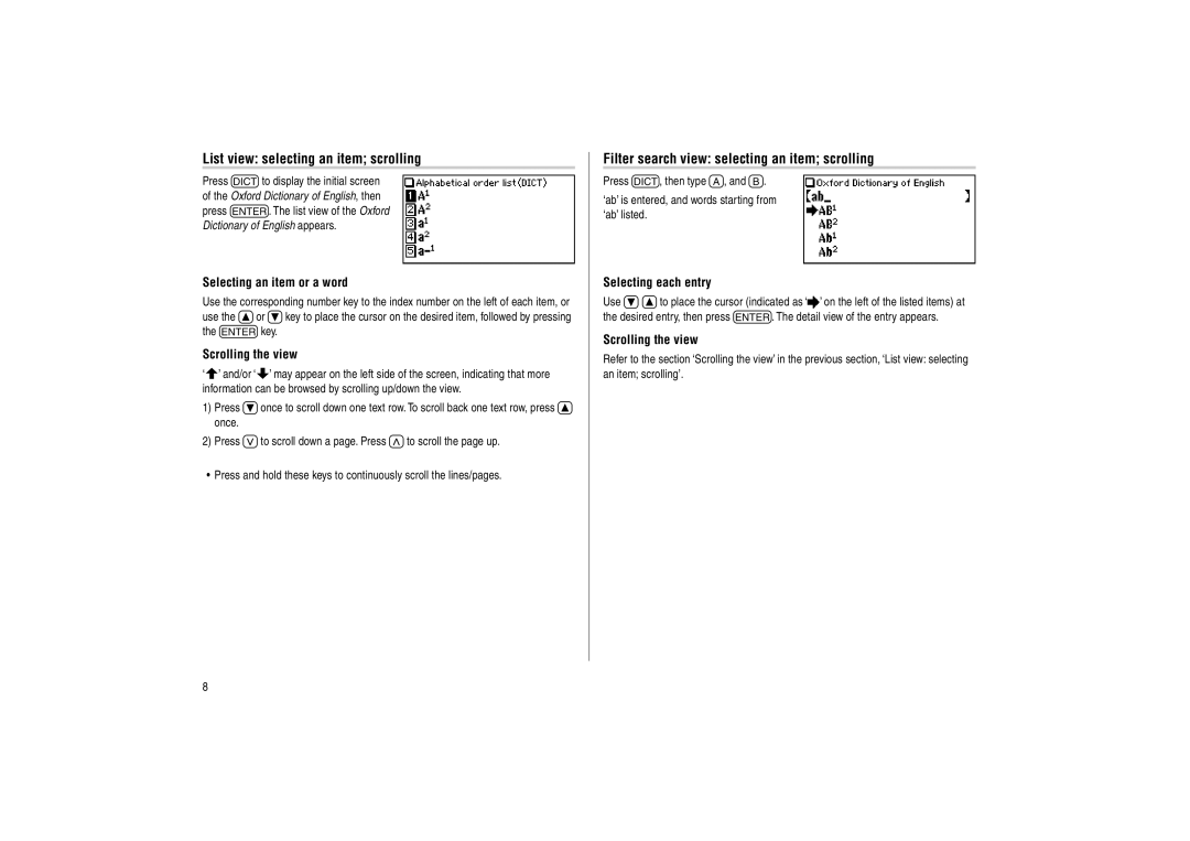 Sharp PW-E500 operation manual List view selecting an item scrolling, Filter search view selecting an item scrolling 