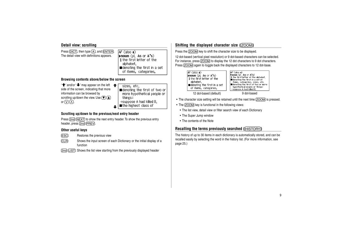 Sharp PW-E500 Detail view scrolling, Shifting the displayed character size z, Recalling the terms previously searched h 