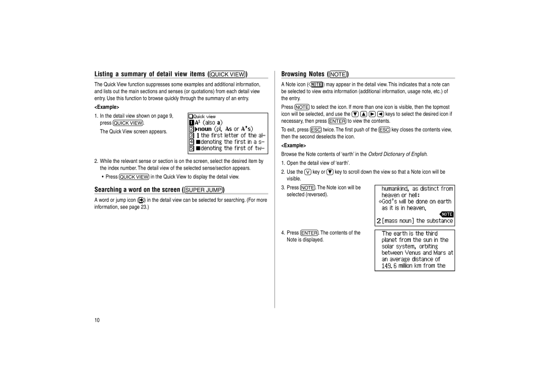 Sharp PW-E500 operation manual Listing a summary of detail view items q, Searching a word on the screen, Browsing Notes r 