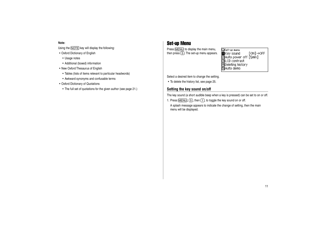 Sharp PW-E500 operation manual Set-up Menu, Setting the key sound on/off 