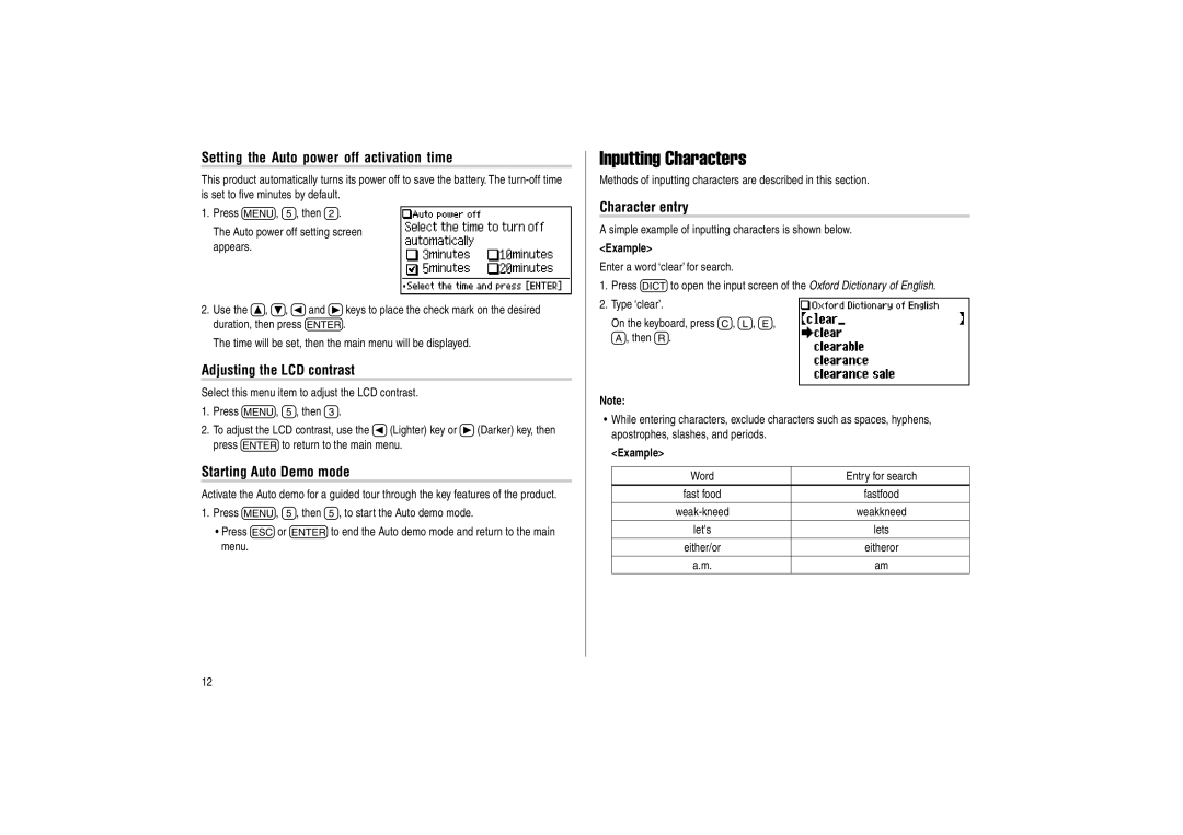 Sharp PW-E500 operation manual Inputting Characters, Setting the Auto power off activation time, Adjusting the LCD contrast 