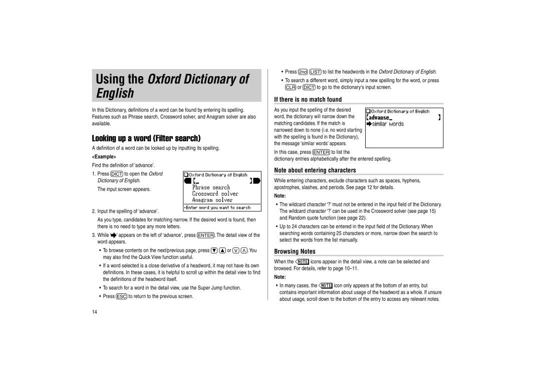 Sharp PW-E500 operation manual Looking up a word Filter search, If there is no match found, Browsing Notes 