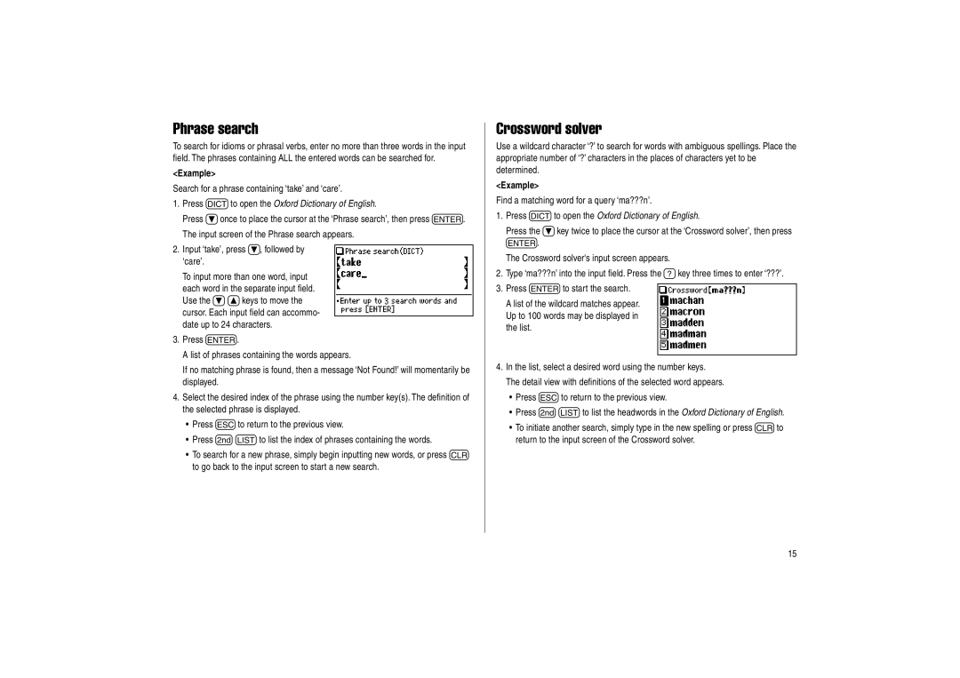 Sharp PW-E500 operation manual Phrase search, Crossword solver 